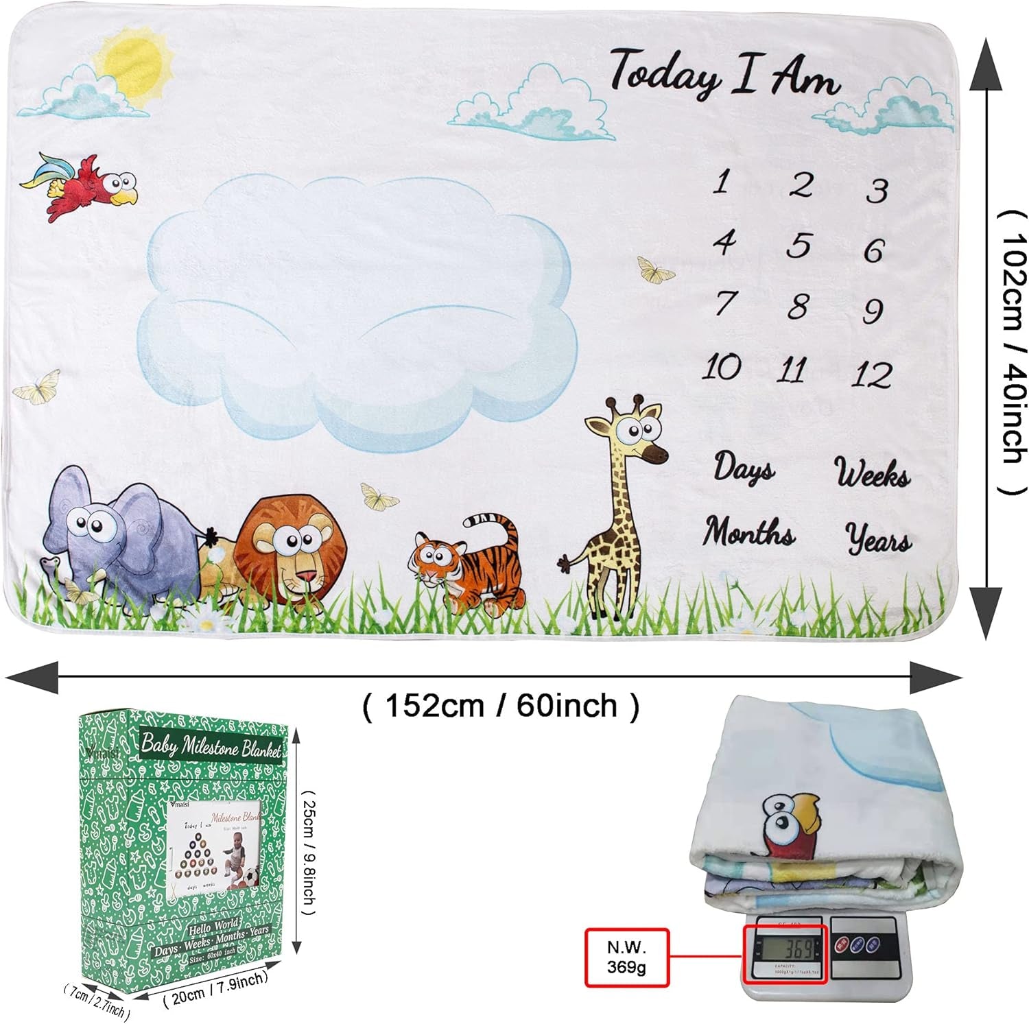 Baby Milestone Blanket Gifts - Newborn Boy & Girl Monthly Year Infant Growth Blankets Nursery Swaddling Blankets (Blue Cloud, Single Printed)