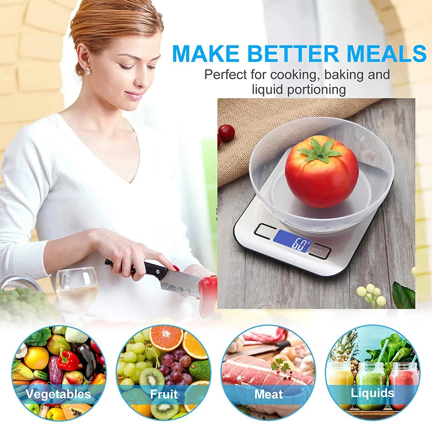 Food Kitchen Scale, Weight Grams and Oz, LED Backlit Display, Stainless Steel