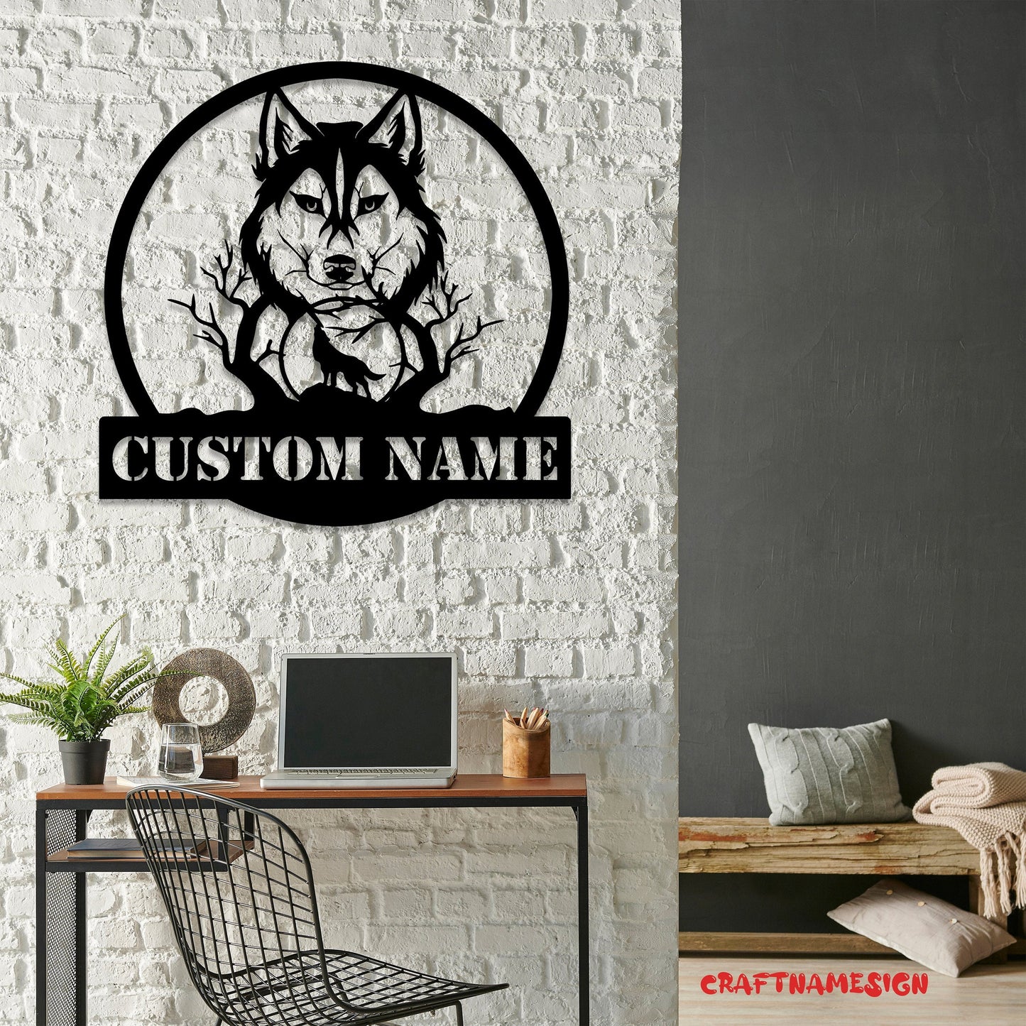 Custom Wolf Metal Wall Art LED Light, Custom Wolf Lover Name Sign