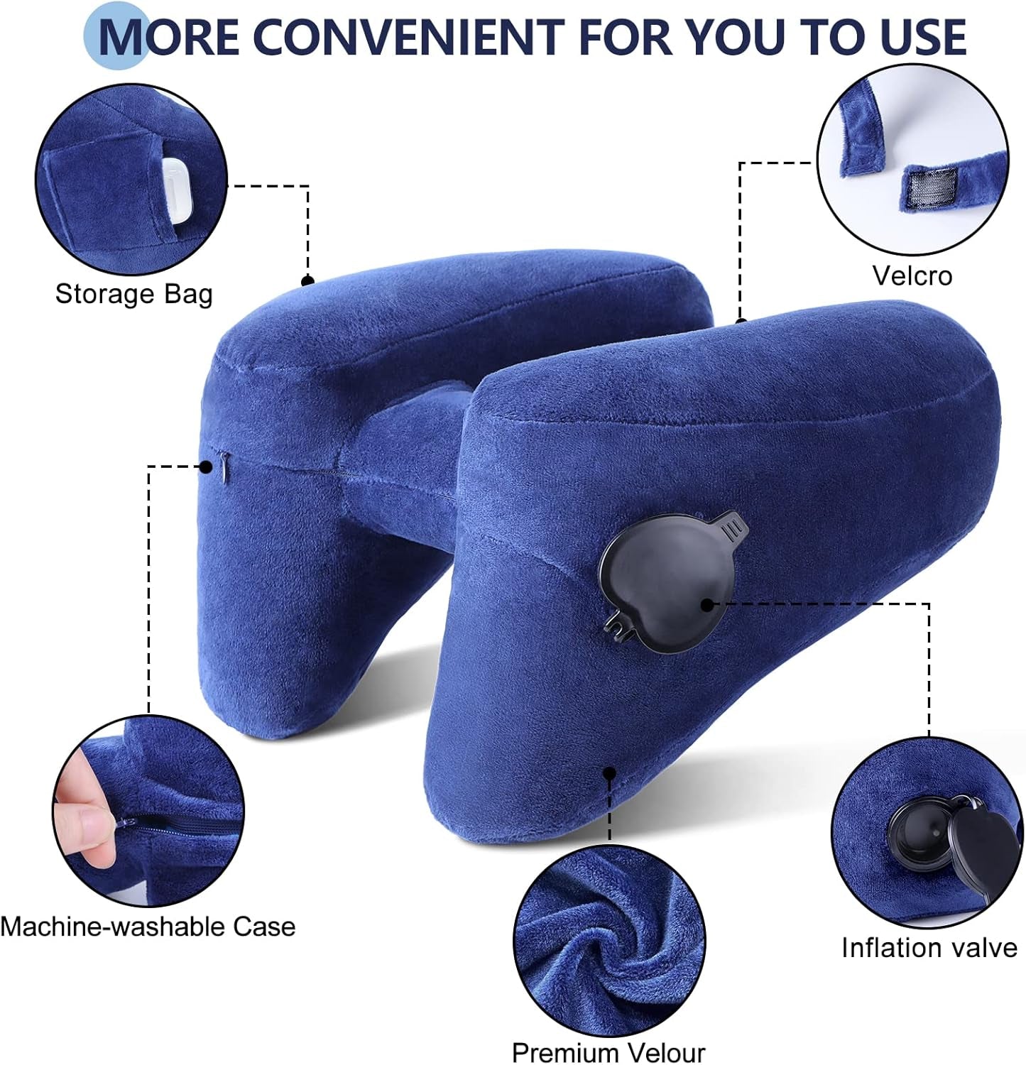 Neck Pillow for Travel Inflatable Airplane Pillow Comfortably Supports Head,Neck and Chin,Inflatable Travel Pillow with Soft Velour Cover,Hat,Portable Drawstring Bag (Blue)