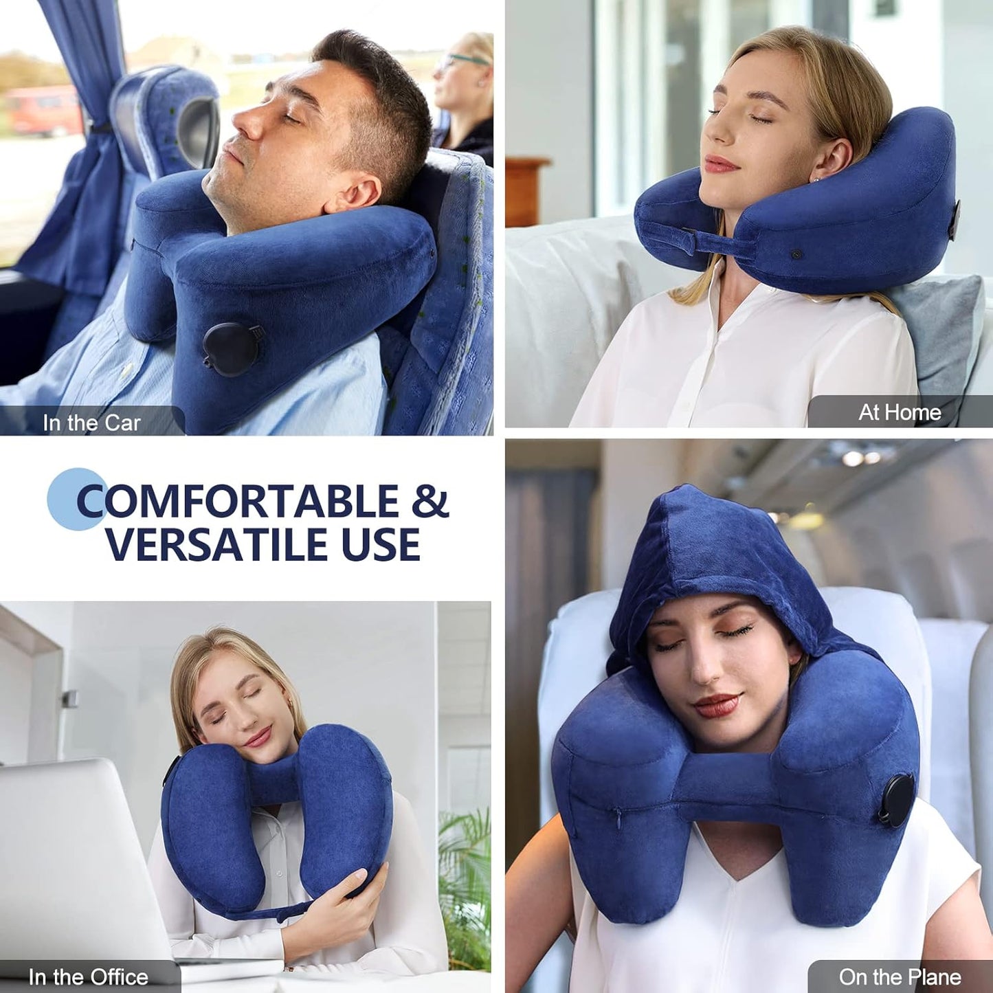 Neck Pillow for Travel Inflatable Airplane Pillow Comfortably Supports Head,Neck and Chin,Inflatable Travel Pillow with Soft Velour Cover,Hat,Portable Drawstring Bag (Blue)