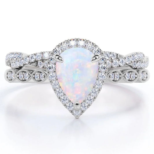1.5 Carat Pear Cut Lab Created Opal and Moissanite Vintage Engagement Ring - Halo Pave Bridal Set in 18K White Gold over Silver