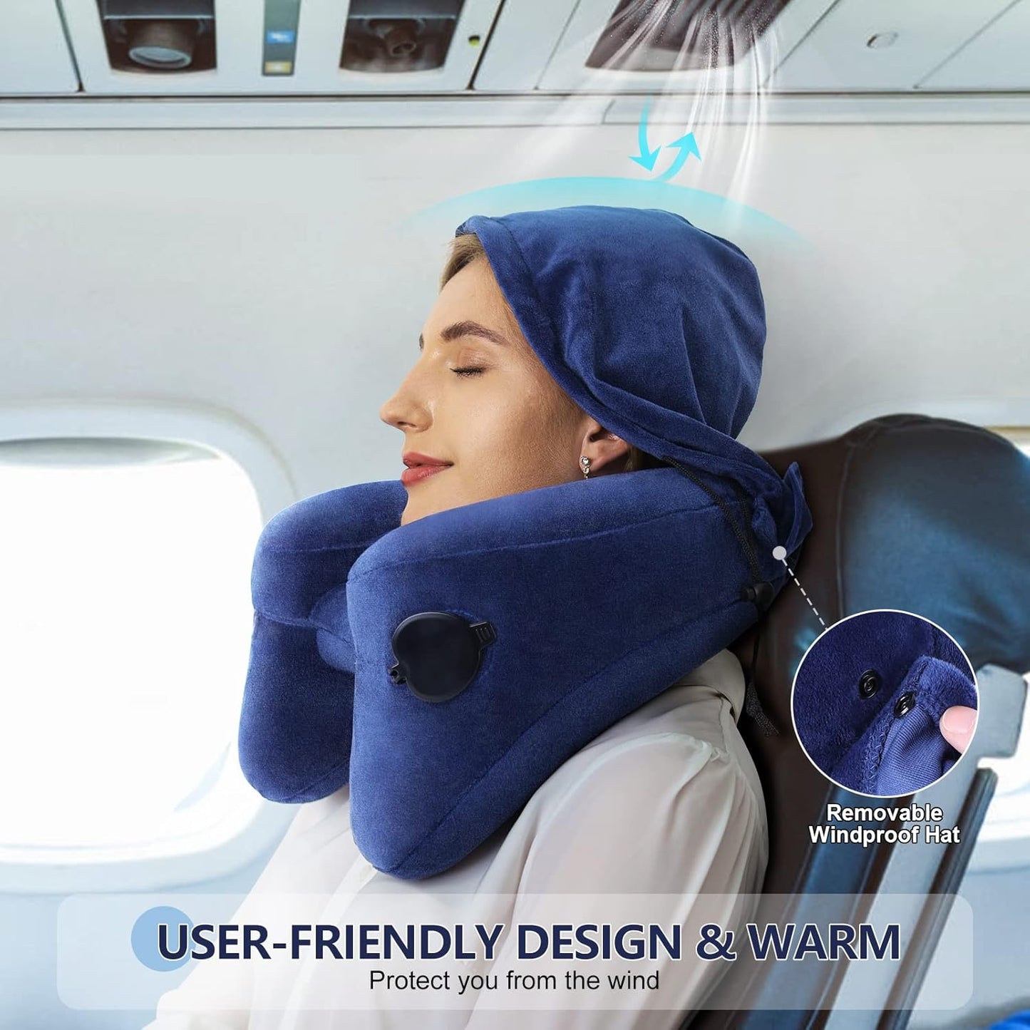 Neck Pillow for Travel Inflatable Airplane Pillow Comfortably Supports Head,Neck and Chin,Inflatable Travel Pillow with Soft Velour Cover,Hat,Portable Drawstring Bag (Blue)