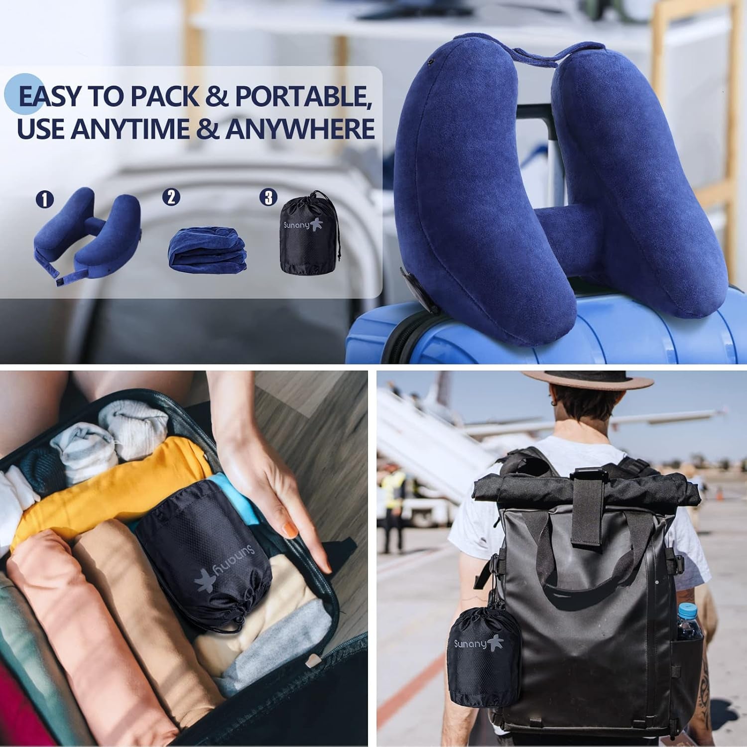 Neck Pillow for Travel Inflatable Airplane Pillow Comfortably Supports Head,Neck and Chin,Inflatable Travel Pillow with Soft Velour Cover,Hat,Portable Drawstring Bag (Blue)