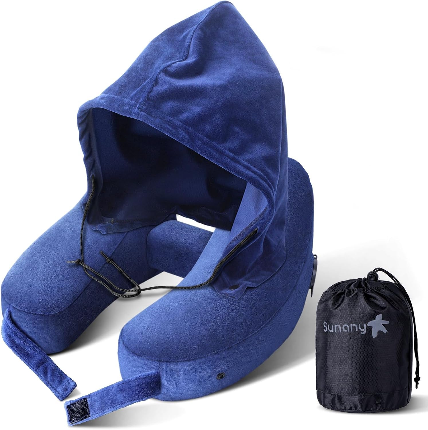Neck Pillow for Travel Inflatable Airplane Pillow Comfortably Supports Head,Neck and Chin,Inflatable Travel Pillow with Soft Velour Cover,Hat,Portable Drawstring Bag (Blue)
