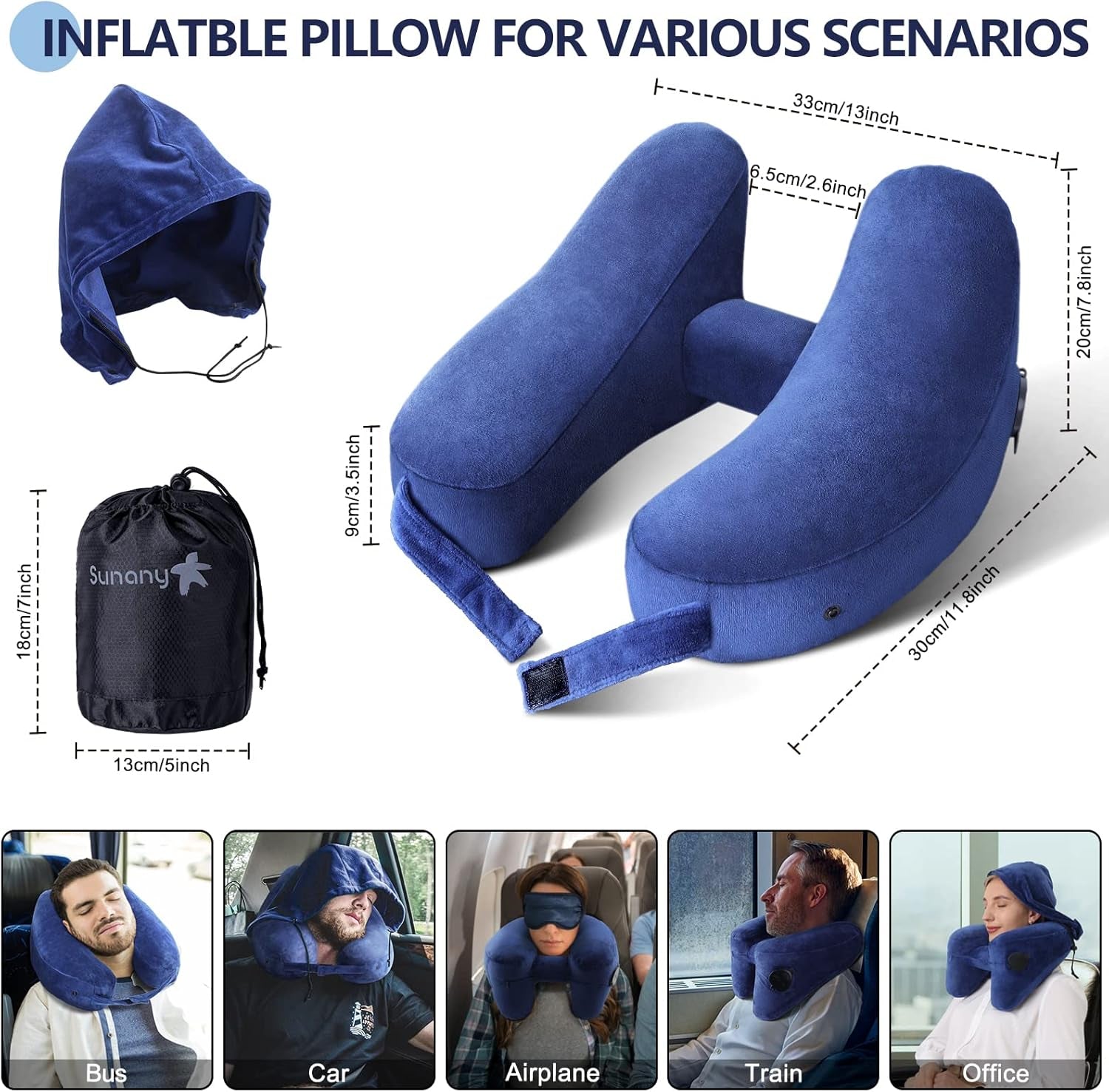 Neck Pillow for Travel Inflatable Airplane Pillow Comfortably Supports Head,Neck and Chin,Inflatable Travel Pillow with Soft Velour Cover,Hat,Portable Drawstring Bag (Blue)