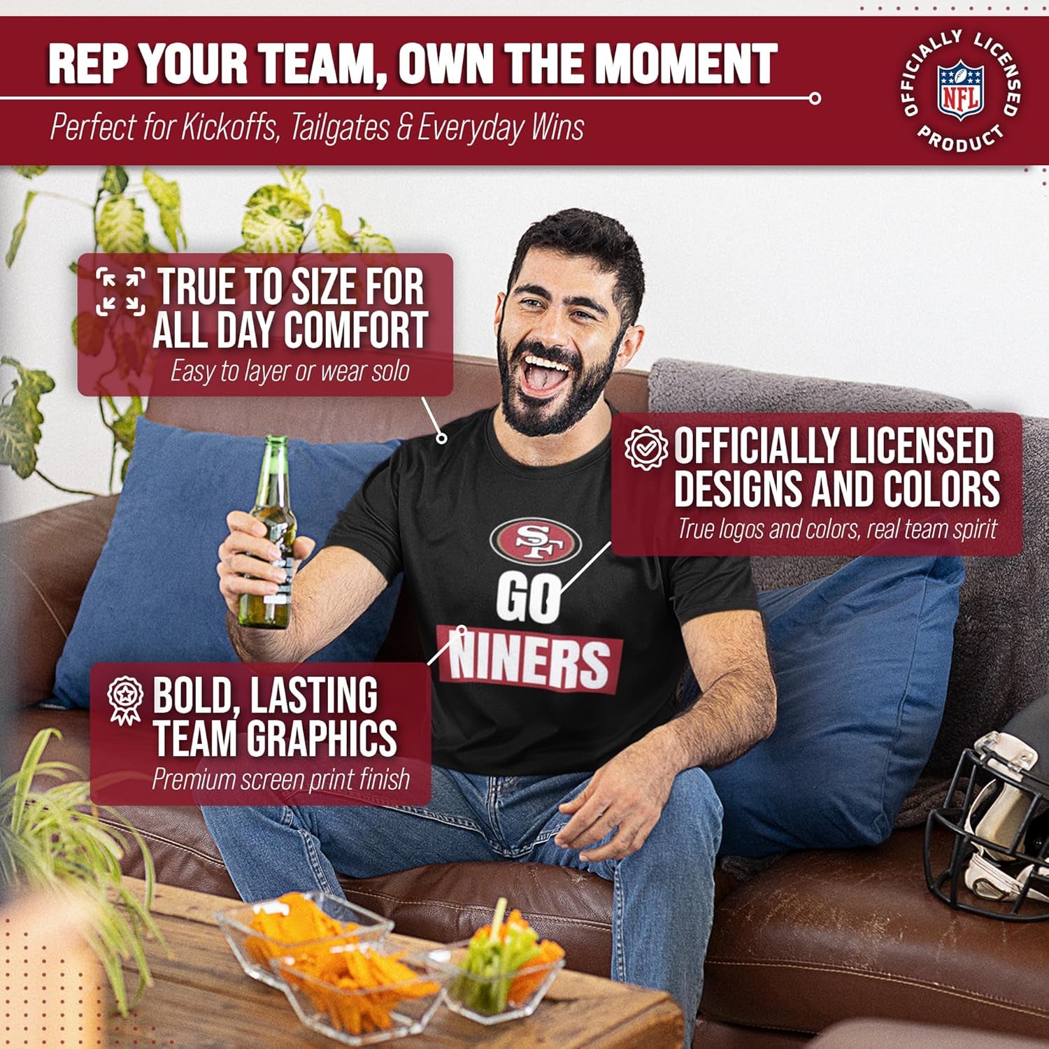 NFL Adult Team Slogan Unisex T-Shirt - Tagless - Show Your Team Pride with Ultimate Comfort and Quality